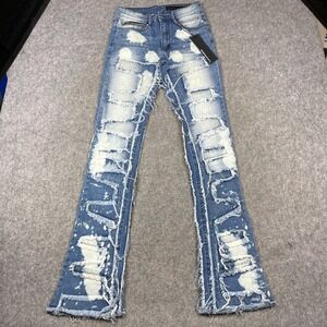 Rockstar Jeans Mens 30x34 Blue RSM205 Flare Denim Bleach Patch Raw Grunge NEW